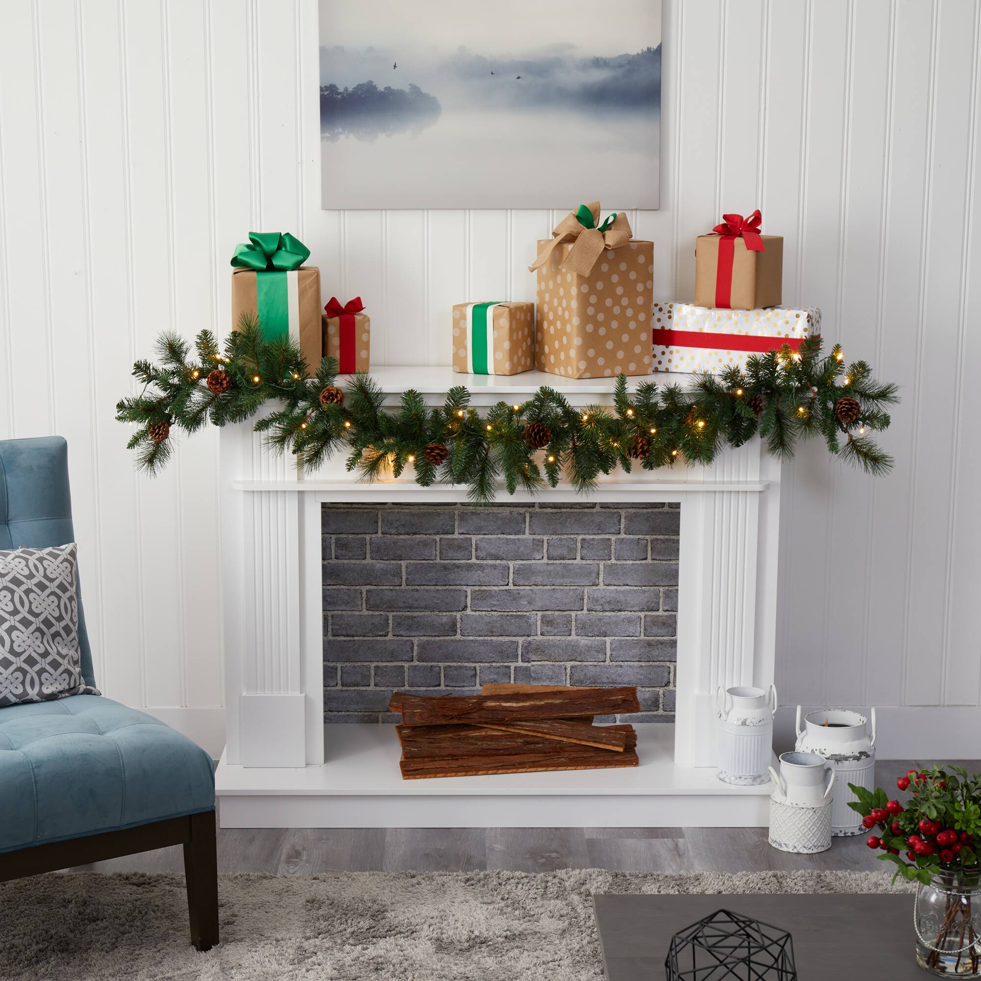 6ft. Pre-Lit Clear LED Mixed Pine & Pinecone Artificial Garland